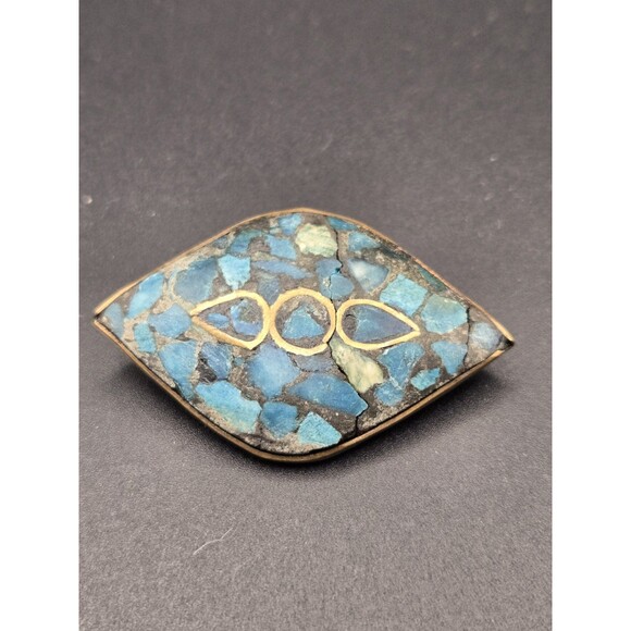 Vintage Turquoise Chip Brooch/Pin  Inlaid Micro Mosaic -Triangle -Blue- India - Picture 1 of 10